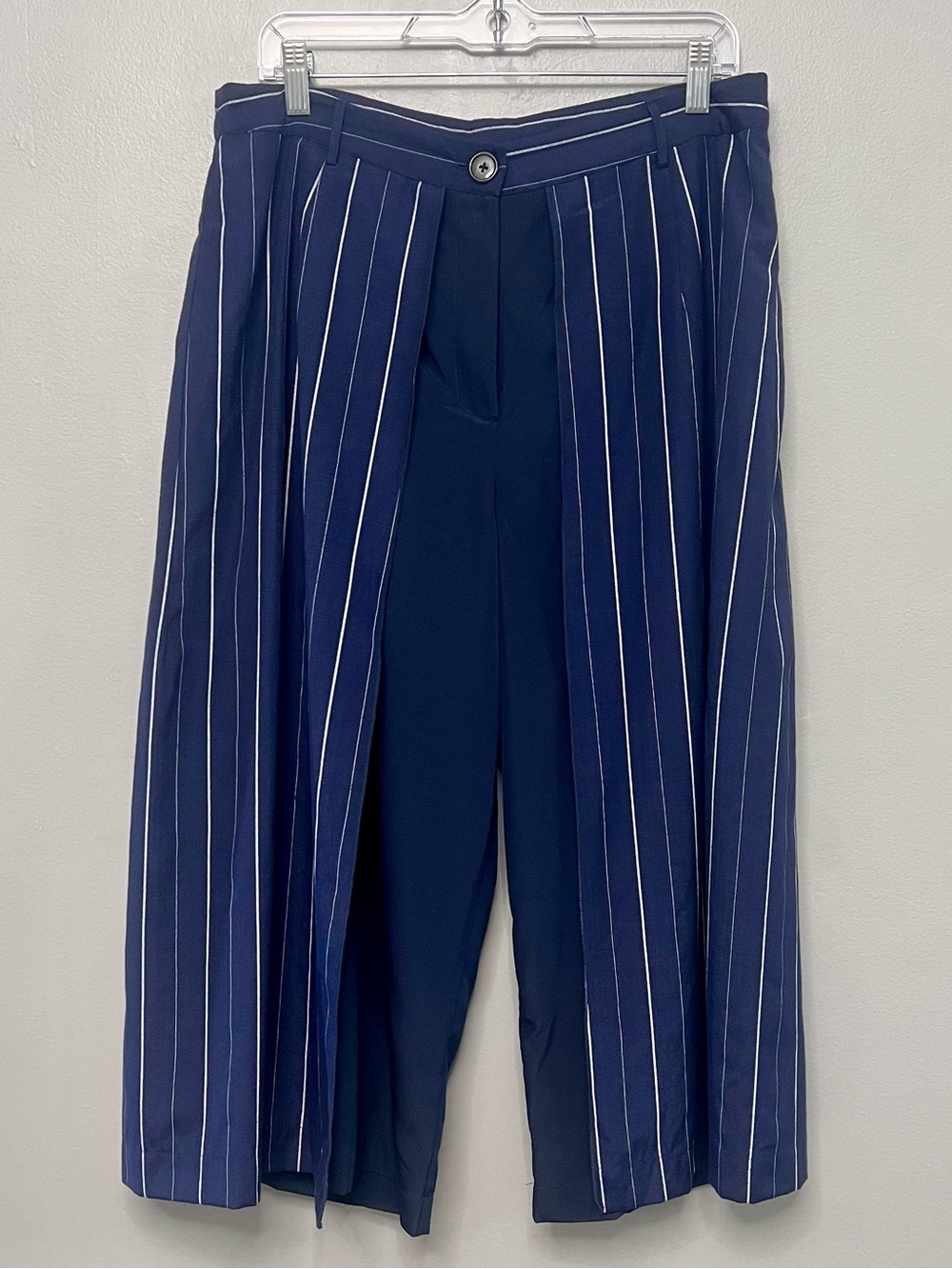 Spanner Navy Blue Pinstripe Layered Split Front Panel Culottes Wide Leg Pants 14